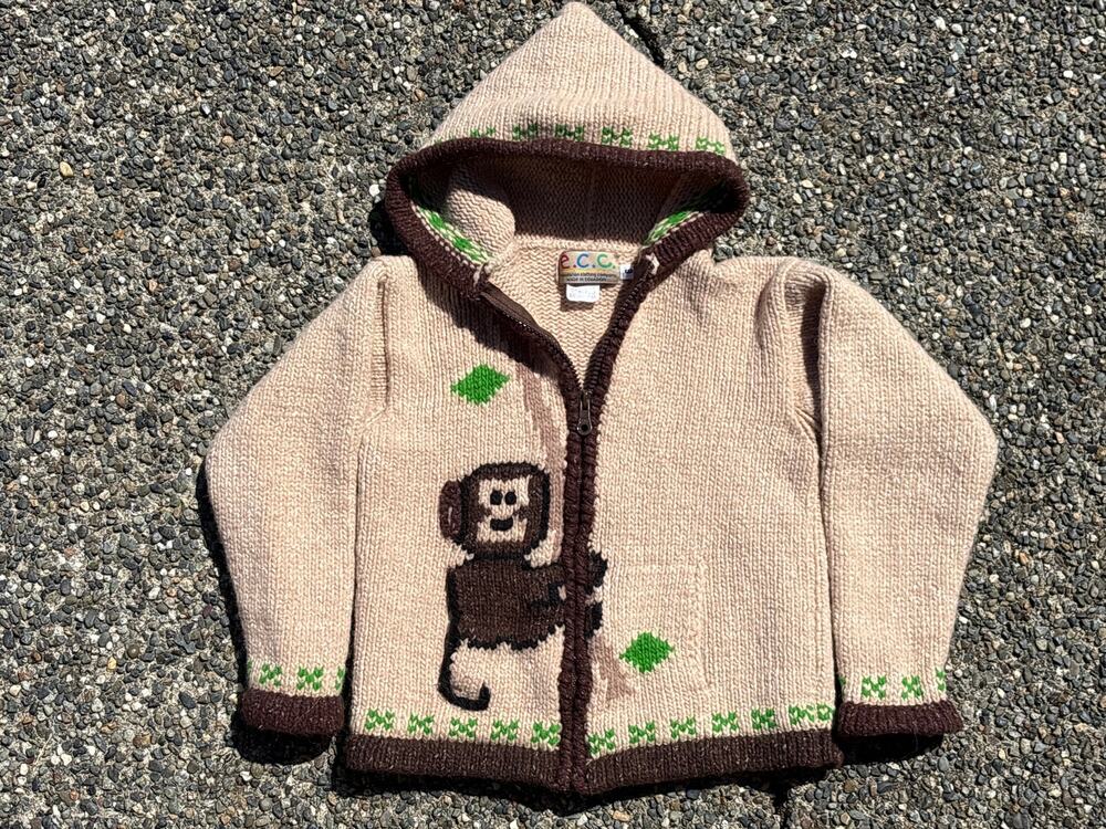 ECC Ecuador Monkey Hooded Wool Zip Sweater Kids Size 9 Handmade Alpaca Blend
